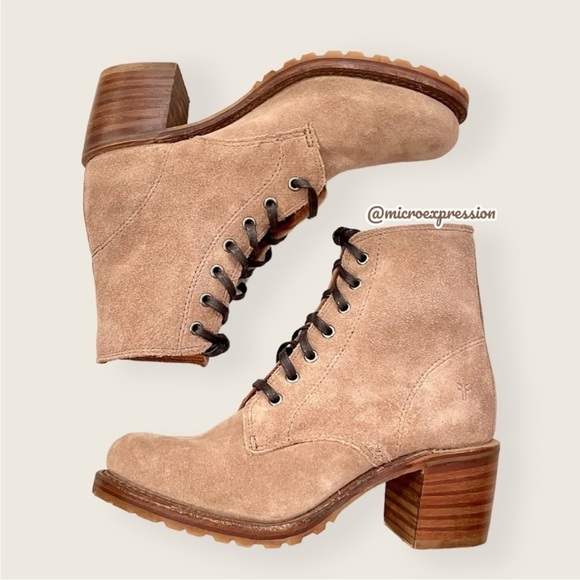 $399 Frye Sabrina 6G Lace Up Beige/Tan Suede/Leather Combat Moto Cute Ankle Boot - Picture 10 of 16